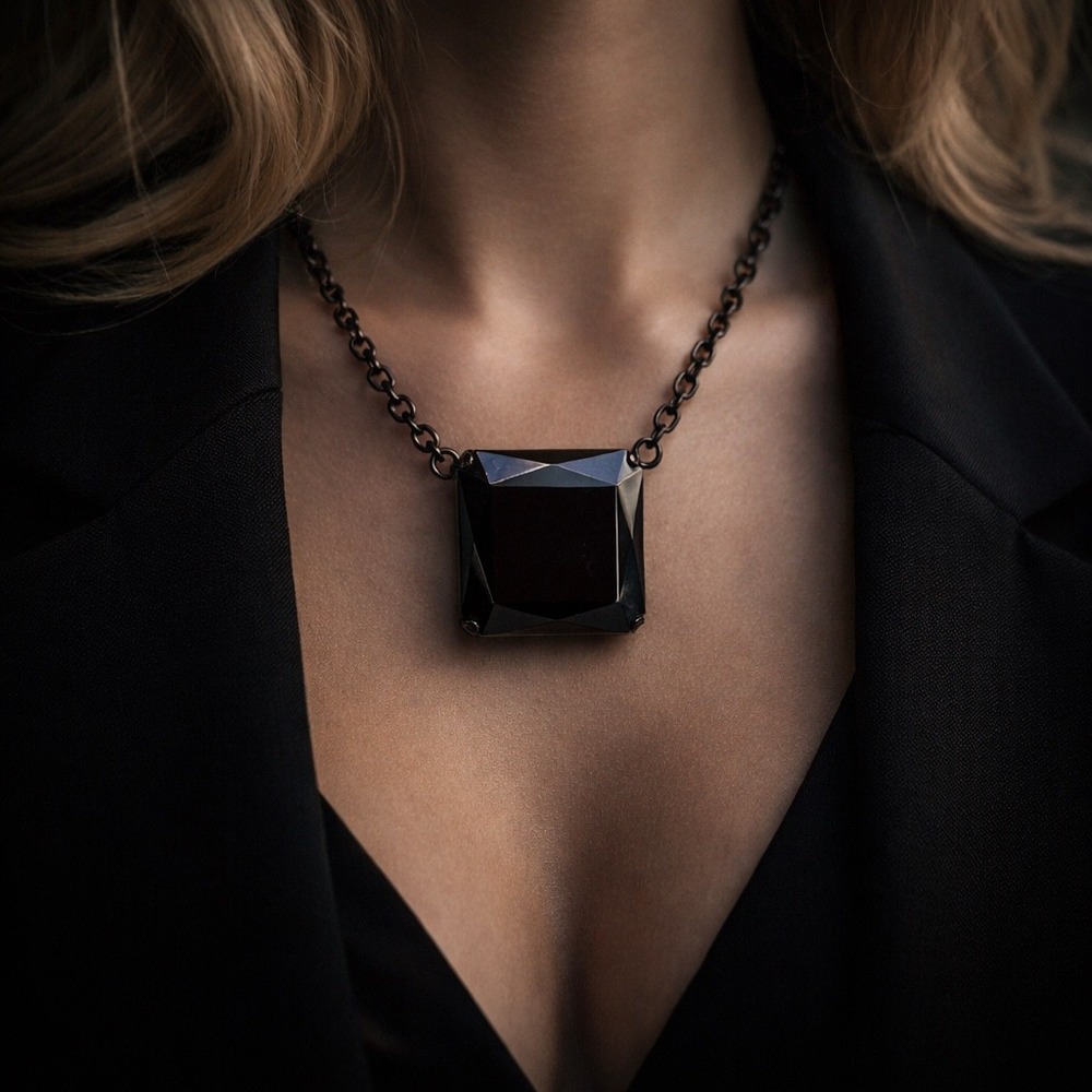 Statement Necklace Bold Black Faceted Large Geometric Pendant Gunmetal Chain 16"